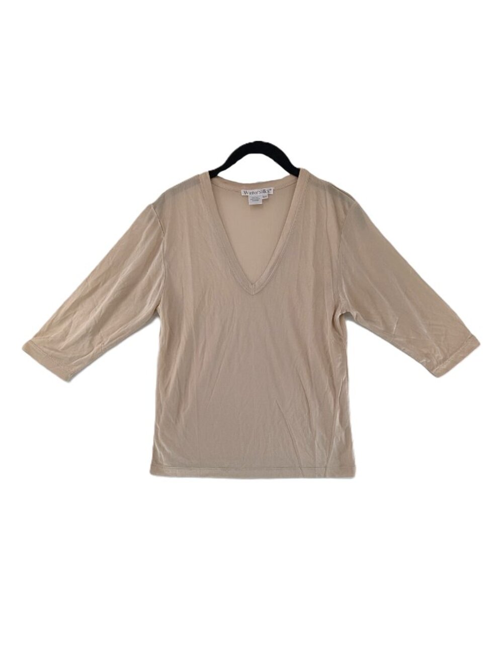 WinterSilks Base Layer Top Size MP 100% Pure Silk Beige 3/4 Sleeve V-Neck